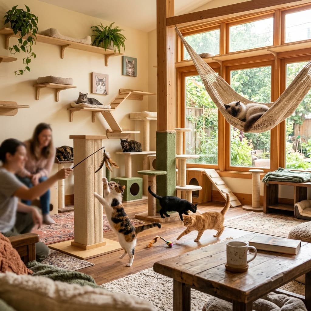 Cats playing together in the Ubasti lounge with climbing structures
