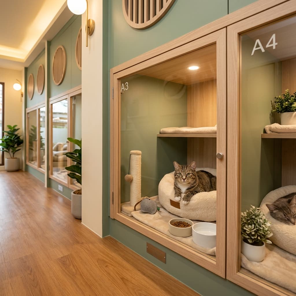 Premium cat boarding suites with cozy bedding