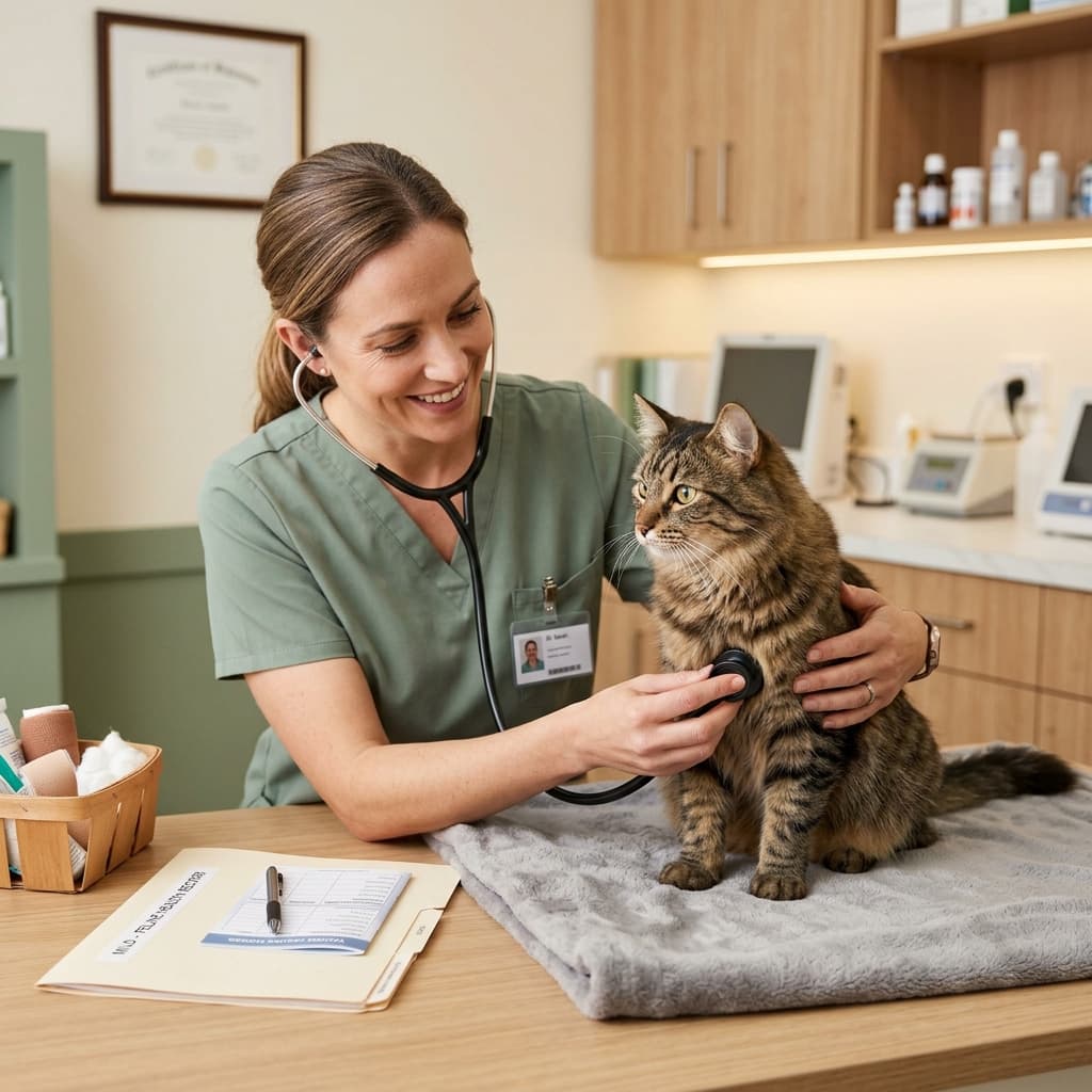 Veterinarian examining a cat for boarding readiness