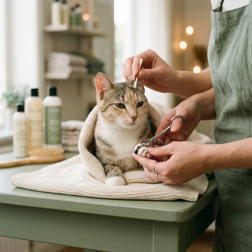 Close-up of professional cat paw trimming and ear cleaning