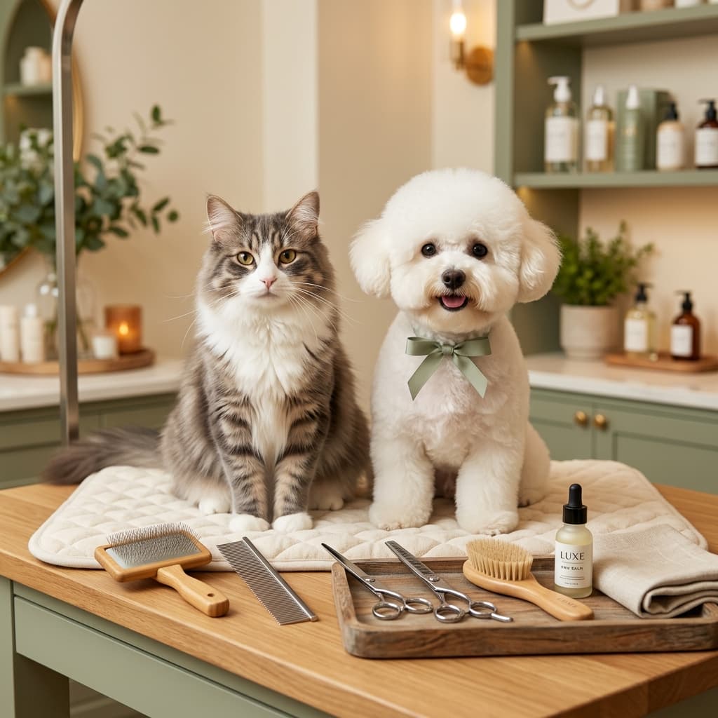 Freshly groomed cat and dog on a premium grooming table